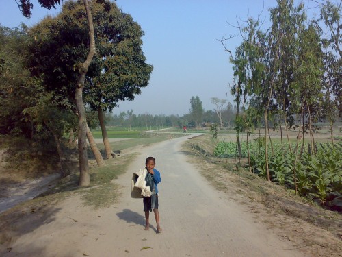 A child wanders on an earthen road near Roumari