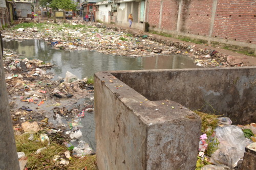 The Katasur khal (canal) in the western part of Dhaka almost completely clogged with discarded polythene bags.