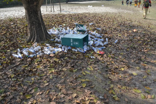 Even though there are a few scattered waste bins in different tourist areas in the sundarbans, the litter is scattered around them